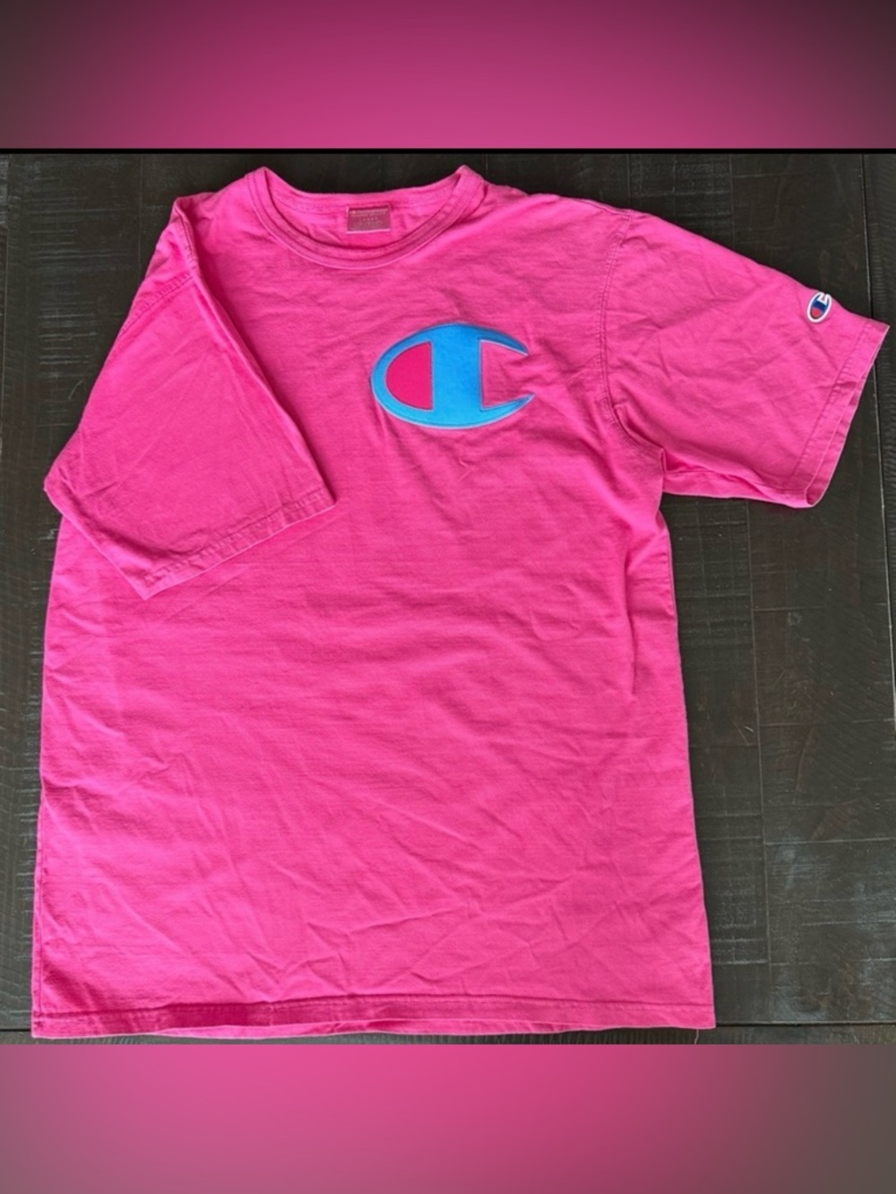 Champion Reverse Weave Pink Tee - Big C Satin Patch Logo -Men’s Large EUC